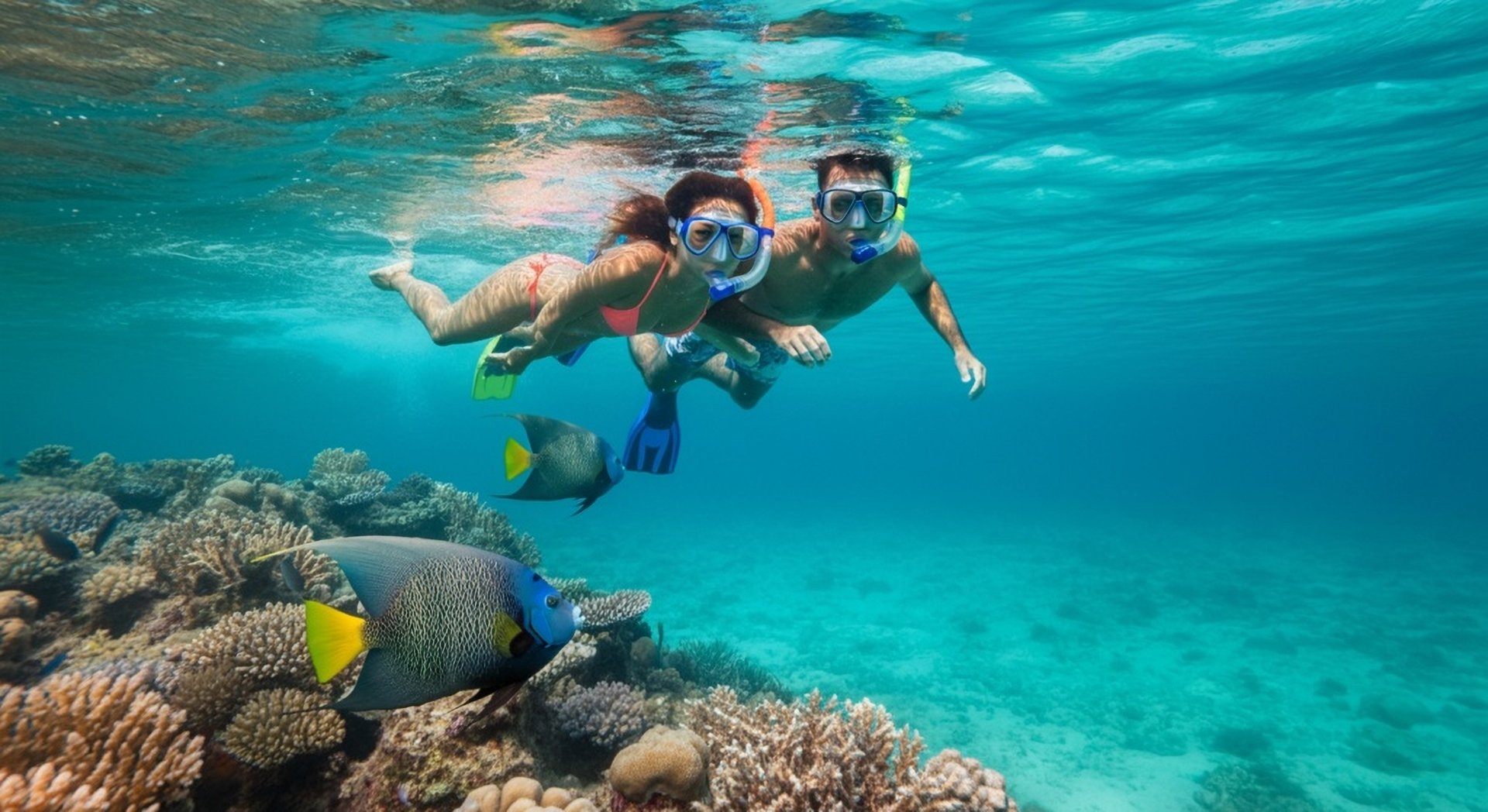 cuplu face snorkeling printre recife in punta cana republica dominicana ape turcoaz vedere subacvatica