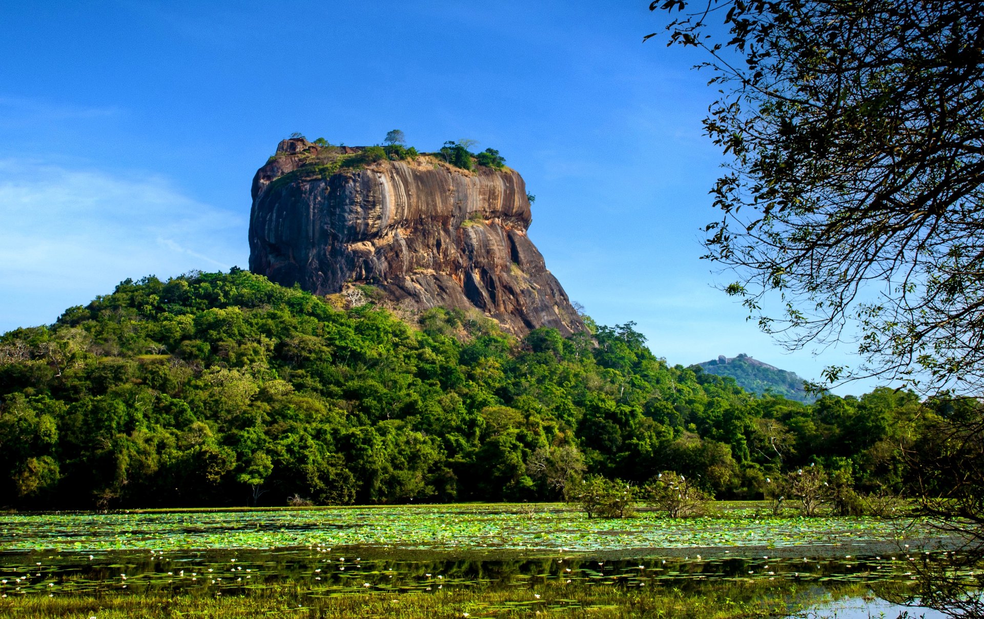 Privire panoramica asupra Cetatii Sigiriya vazuta de pe malul Lacului Sigiriya, cu stanca masiva inconjurata de vegetatie tropicala si peisaj verde in Sri Lanka